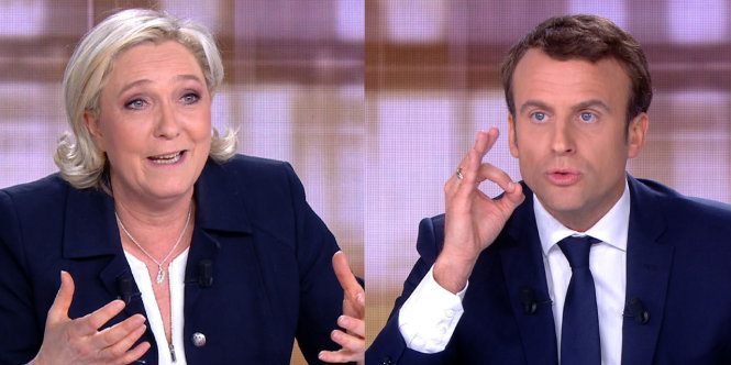 Hai ứng cử viên tổng thống Pháp, bà Marine Le Pen (trái) và ông Emmanuel Macron sẽ đối đầu trong vòng bầu cử tổng thống thứ hai ngày 7-5 - Ảnh: Europe 1