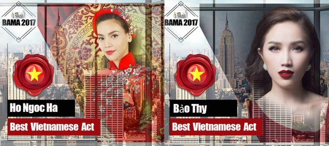 Cùng với Cẩm Ly, Hồ Ngọc Hà và Bảo Thy cũng có tên trong danh sách đề cử Nghệ sĩ Việt Nam xuất sắc nhất.