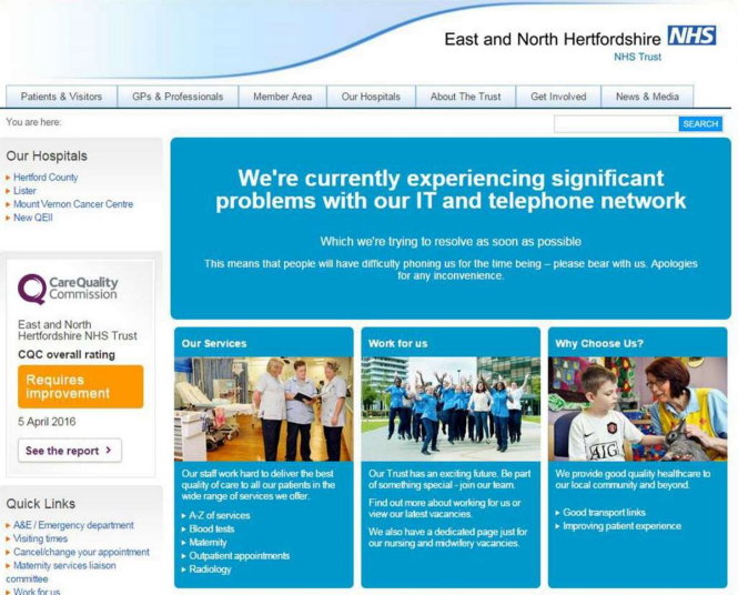 Thông báo tình trạng ngừng hoạt động hệ thống liên lạc của bệnh viện East and North Hertfordshire thuộc hệ thống NHS Trust ngày 12-5 - Ảnh: The Telegraph