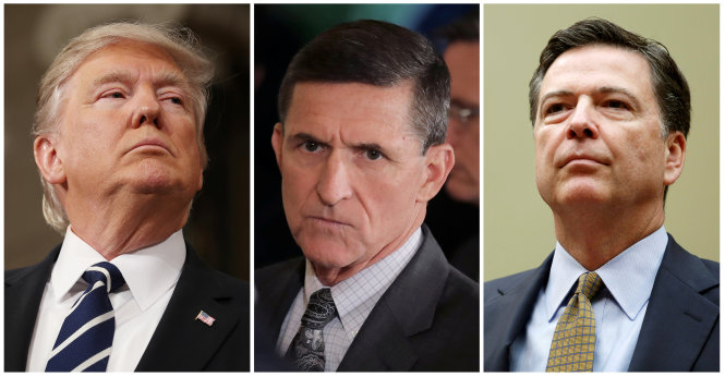 Từ trái qua: Tổng thống Mỹ Donald Trump, cựu cố vấn an ninh quốc gia Mỹ Michael Flynn và cựu giám đốc FBI James Comey - Ảnh: Reuters