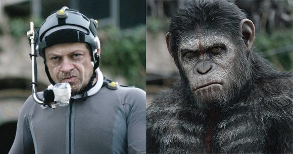 Nam diễn viên Andy Serkis trên phim trường với biểu cảm cho khỉ đầu đàn Caesar trong phim