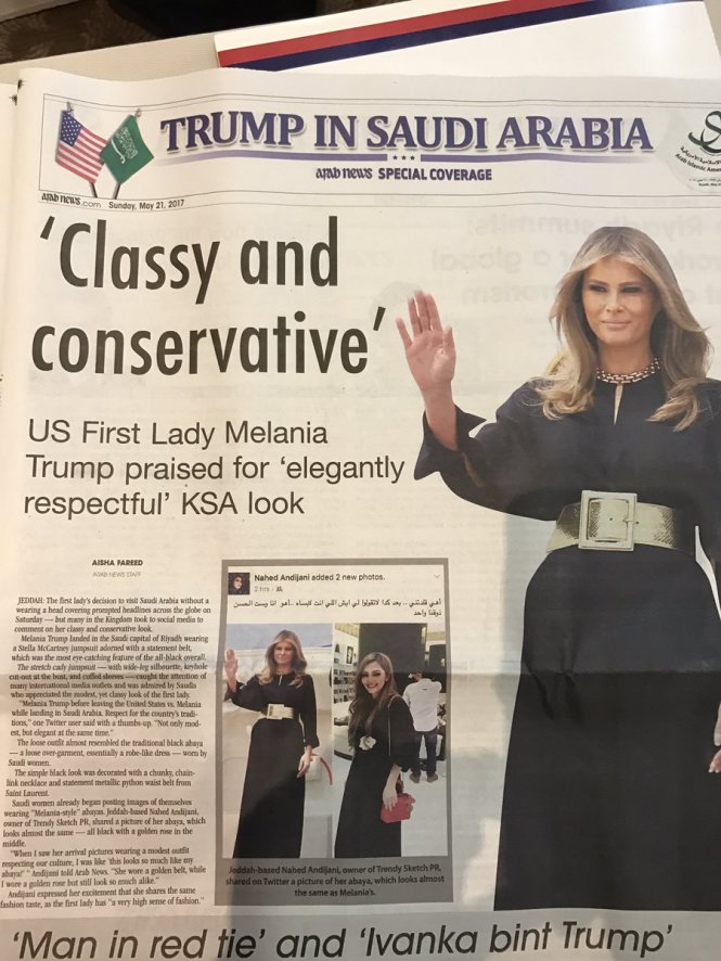 Đệ nhất phu nhân Mỹ Melania Trump trên trang nhất của tờ Arab News - Ảnh: từ Twitter