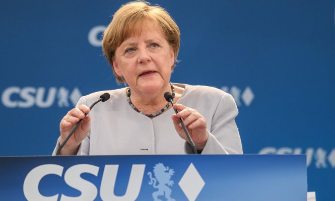 Thủ tướng Đức Angela Merkel trong buổi mít tinh ngày 28-5 - Ảnh: Reuters