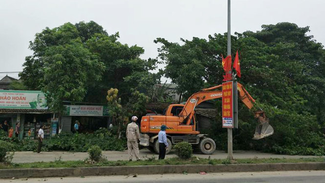 Xe cẩu dọn dẹp cây cối đảm bảo an toàn lưới điện và hành lang an toàn giao thông ở huyện Anh Sơn, Nghệ An - Ảnh: Đ.HIỆP