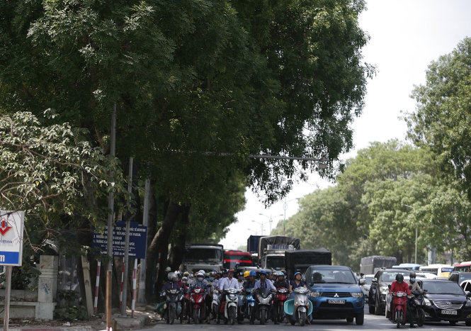 Người dân tránh nắng dưới tán cây xanh trên đường Phạm Văn Đồng lúc chờ đèn đỏ
