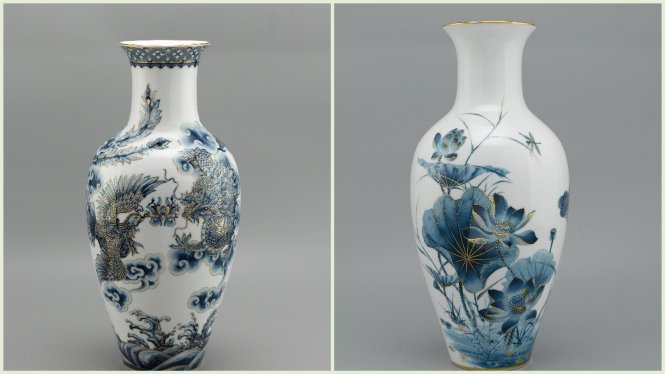 Bình Hoa Tứ Linh - Long Lân Qui Phụng (bên trái) và bình hoa Sen Vàng (bên phải) cao 50 cm là một trong nhiều sản phẩm tự hào của thương hiệu Minh Long I. ảnh CTV