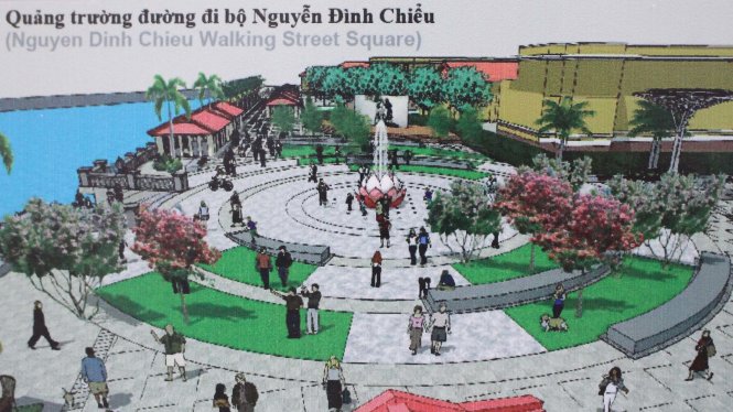 Tuyến đường đi bộ Nguyễn Đình Chiểu ở bờ nam sông Hương được thiết kế có một quảng trường, đài phun nước - Ảnh. Xuân Đào