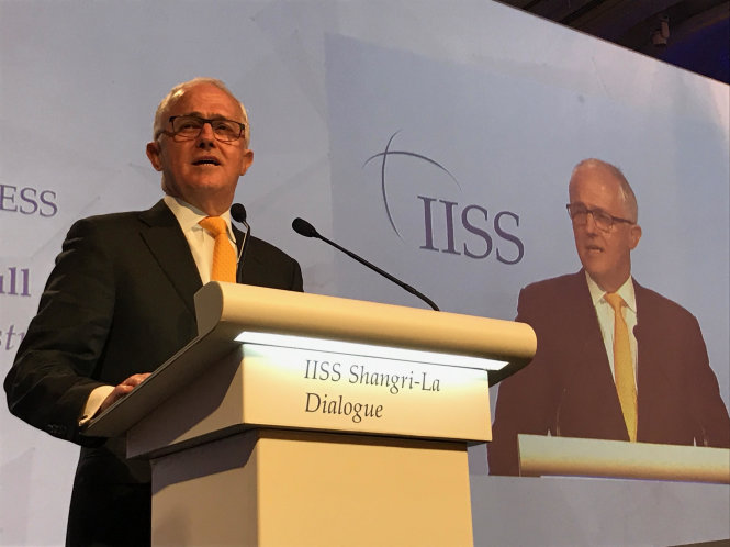 Thủ tướng Úc Malcolm Turnbull tại Đối thoại Shangri-La - Ảnh: Q.TRUNG