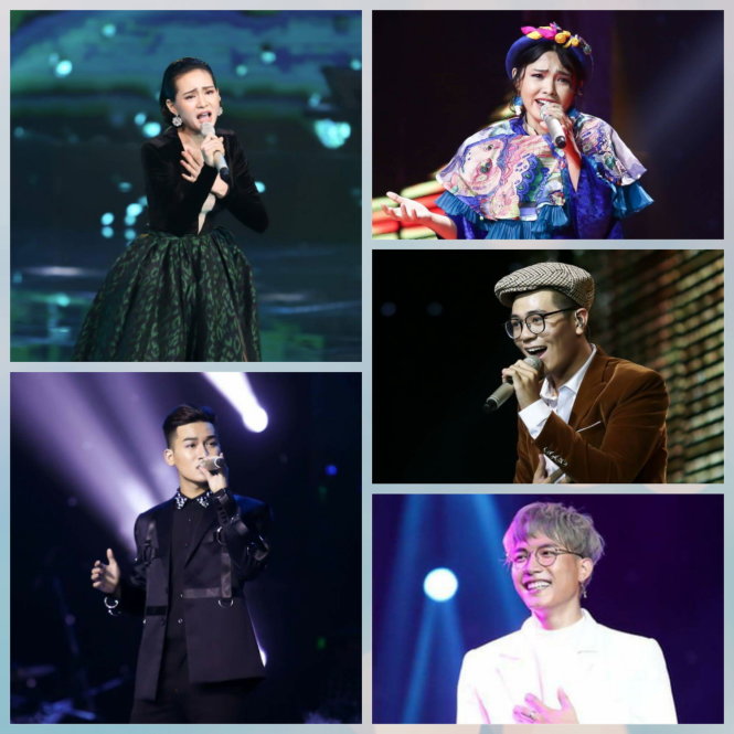 Hiền Hồ, Hiền Mai, Ali Hoàng Dương, Anh Đạt và Anh Tú (từ trên xuống, từ trái qua) sẽ có đêm diễn cuối cùng để chọn ra quán quân của Giọng hát Việt 2017 vào tối 4-6 - Ảnh: CATS
