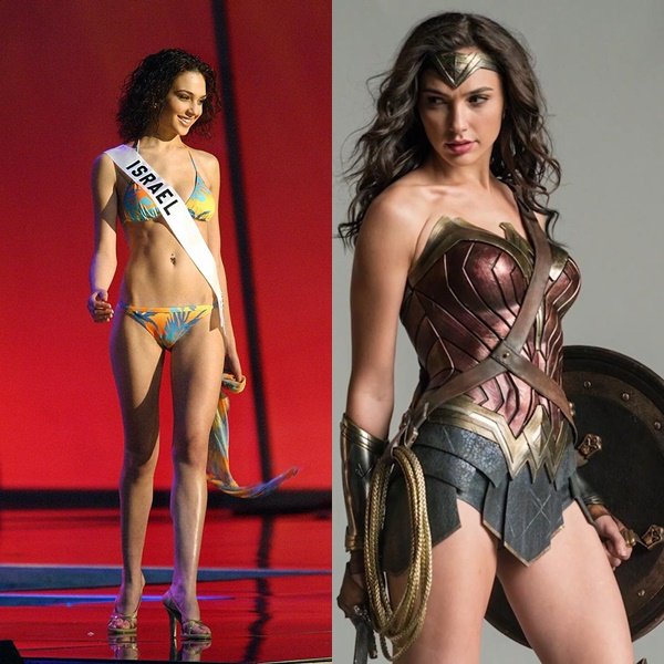 Gal Gadot thời đi thi hoa hậu (trái) và hiện tại - Ảnh: Miss Universe