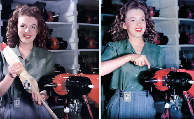 Marilyn Monroe được chụp ảnh đang làm việc tại nhà máy quân đội năm 1944. Cô được chú ý sau những hình ảnh này - Ảnh: David Conover