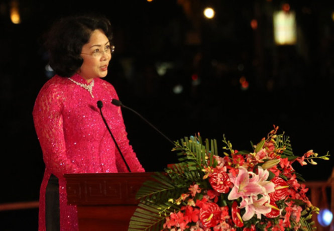 Bà Đặng Thị Ngọc Thịnh, Phó Chủ tịch nước, phát biểu tại lễ bế mạc Festival di sản Quảng Nam lần VI - Ảnh: THANH BA