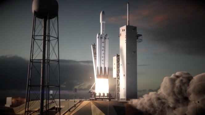 Hình ảnh mô phỏng trên máy tính về hoạt động phóng tên lửa siêu vận tải Falcon Heavy của SpaceX vào không gian - Ảnh: SpaceX/Youtube
