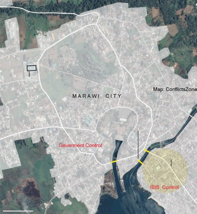 Bản đồ khu vực quân đội chính phủ Philippines kiểm soát và nhóm Maute cố thủ tại thành phố Marawi - Ảnh: Twitter