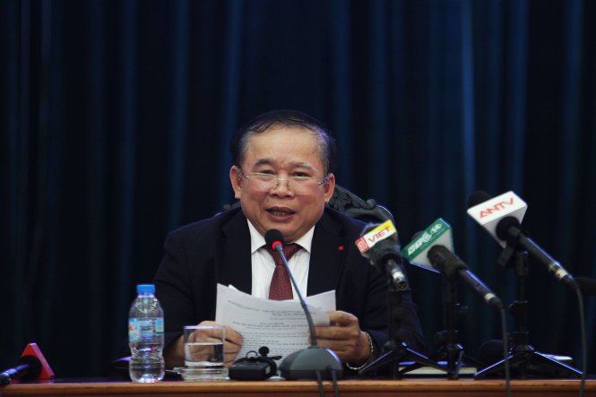 Thứ trưởng Bộ GD-ĐT Bùi Văn Ga chủ trì cuộc họp báo kết thúc kỳ thi THPT Quốc gia năm 2017 vào chiều 24-6 - Ảnh: Nguyễn Khánh