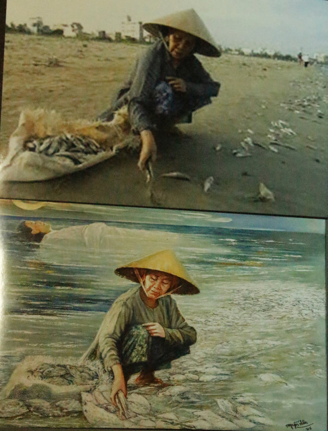 Ảnh đăng báo (trên) và tranh của họa sĩ Nguyễn Nhân (dưới)