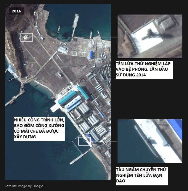 Căn cứ hải quân Sinpo bên bờ đông Triều Tiên đã mở rộng đáng kể quy mô kể từ năm 2016 - Ảnh: Google Earth