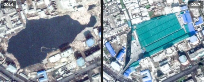 Một khu chợ sầm uất đã mọc lên ngay trên vị trí 3 năm trước là một hồ nước lớn ở thành phố Nampo, cách Bình Nhưỡng khoảng 50km - Ảnh: Google Earth