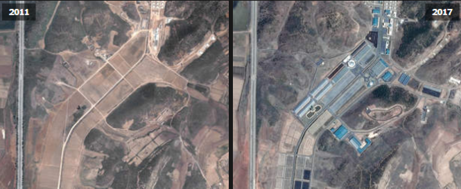 Mặc dù được đánh giá là kém phát triển, Triều Tiên vẫn rất chú trọng đến việc tái tạo rừng. Trong ảnh: Một vườn ươm cây được xây dựng tại phía nam Bình Nhưỡng - Ảnh: Google Earth