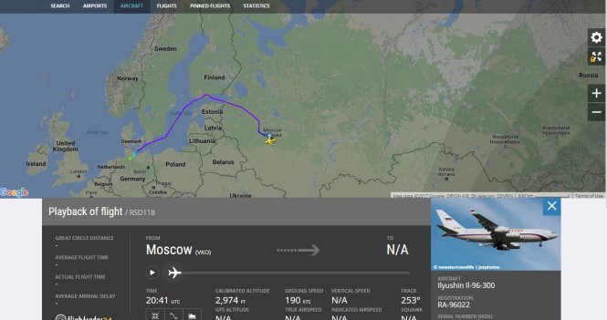 Đường bay vòng của máy bay thuộc chính phủ Nga mang số hiệu RA-96022 - Ảnh chụp màn hình FlightRadar24