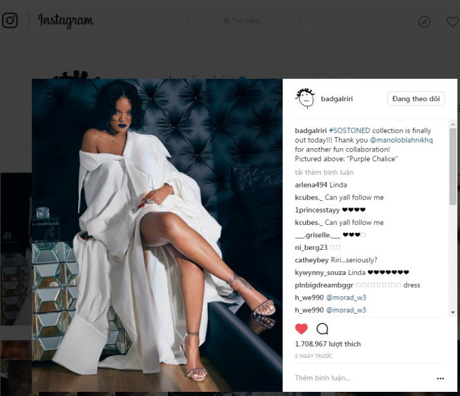 Rihanna chọn một thiết kế ngoại khổ, màu trắng trắng để chụp ảnh quảng cáo cho bộ sưu tập giày của mình. Ảnh được đăng trên Instagram của Rihanna.
