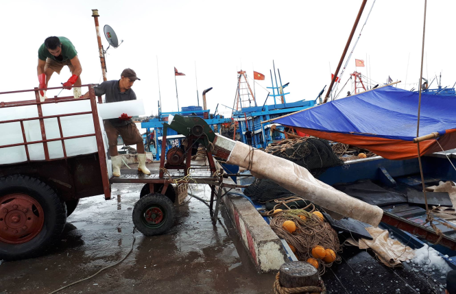 Trong khi trú bão, nhiều tàu cá ngư dân vẫn chuẩn bị nhu yếu phẩm để sẵn sàng ra khơi khi bão tan - Ảnh: DOÃN HÒA