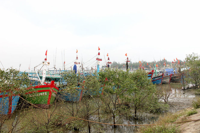 Bà con ngư dân phường Quảng Cư, TP Sầm Sơn (Thanh Hóa) đưa thuyền và ngư lưới cụ lên bờ tránh bão số 2 - Ảnh: HÀ ĐỒNG