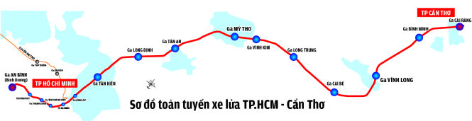 Sơ đồ toàn tuyến xe lửa TP.HCM - Cần Thơ - Đồ họa: N.KH. - Ảnh: H.KHOA