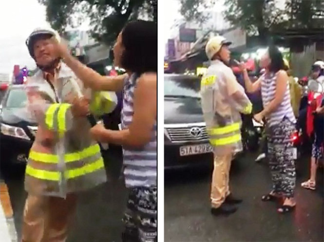 Người phụ nữ quơ tay đánh Phòng Cảnh sát giao thông  nhưng anh này né kịp (ảnh trái) và chỉ mặt đòi Phòng Cảnh sát giao thông  phải xin lỗi (ảnh phải) - Ảnh: Cắt từ clip của Facebook Huỳnh Nguyễn Diệu Hạnh 