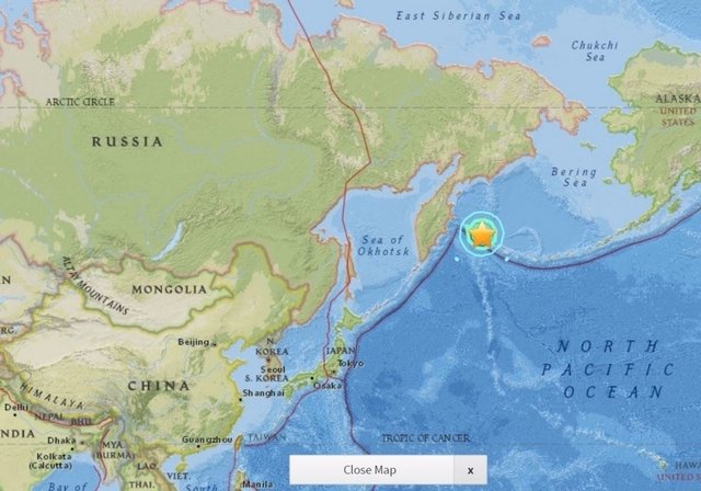 Địa điểm xảy ra trận động đất lớn ở ngoài biển gần lãnh thổ Nga - Ảnh: Goggle Map