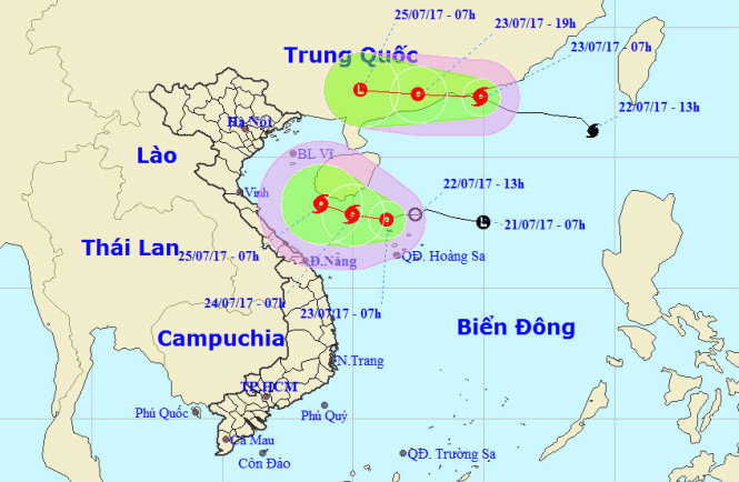 Hướng di chuyển và vị trí của bão số 3 (Roke) và áp thấp nhiệt đới trên biển Đông vào lúc 11h ngày 23-7 - Nguồn: Trung tâm Dự báo Khí tượng Thuỷ văn Trung ương