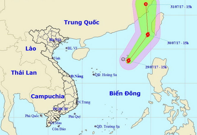 Vị trí và hướng di chuyển của bão số 5 (Haitang) lúc 15g30 ngày 29-7 - Nguồn: Trung tâm Khí tượng Thủy văn Trung ương