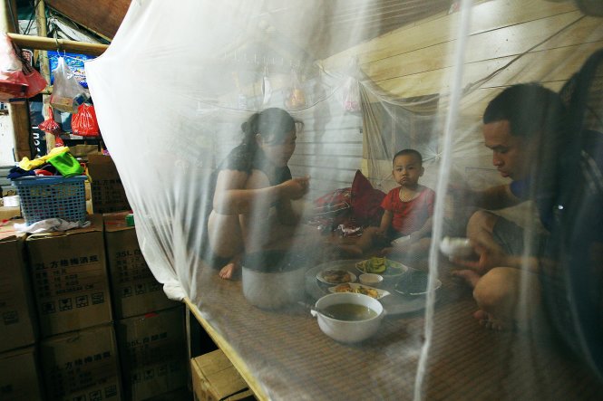 Một gia đình  ở Phường Tứ Liên, Quận Tây Hồ (Hà Nội) chọn cách ăn cơm trong mùng để chống muỗi