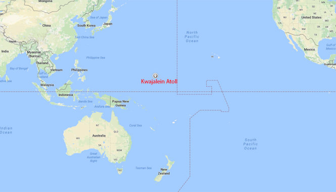 Vị trí Kwajalein Atoll tại Thái Bình Dương, nơi tên lửa Minuteman III bắn tới - Ảnh: Google Map