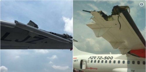 Hình ảnh cho thấy thiệt hại trên cánh của chiếc Boeing (trái) và chiếc ATR - Ảnh: TWITTER 