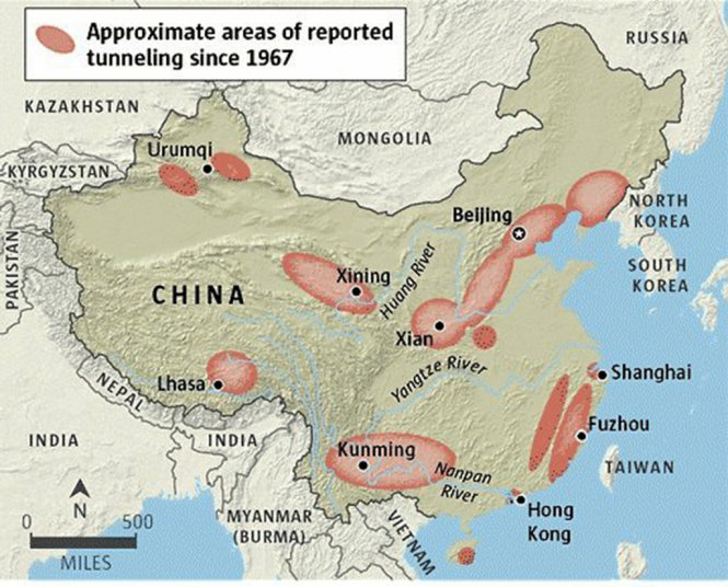 Bản đồ các khu vực có hầm ngầm tên lửa ở Trung Quốc - Ảnh: The Washington Post