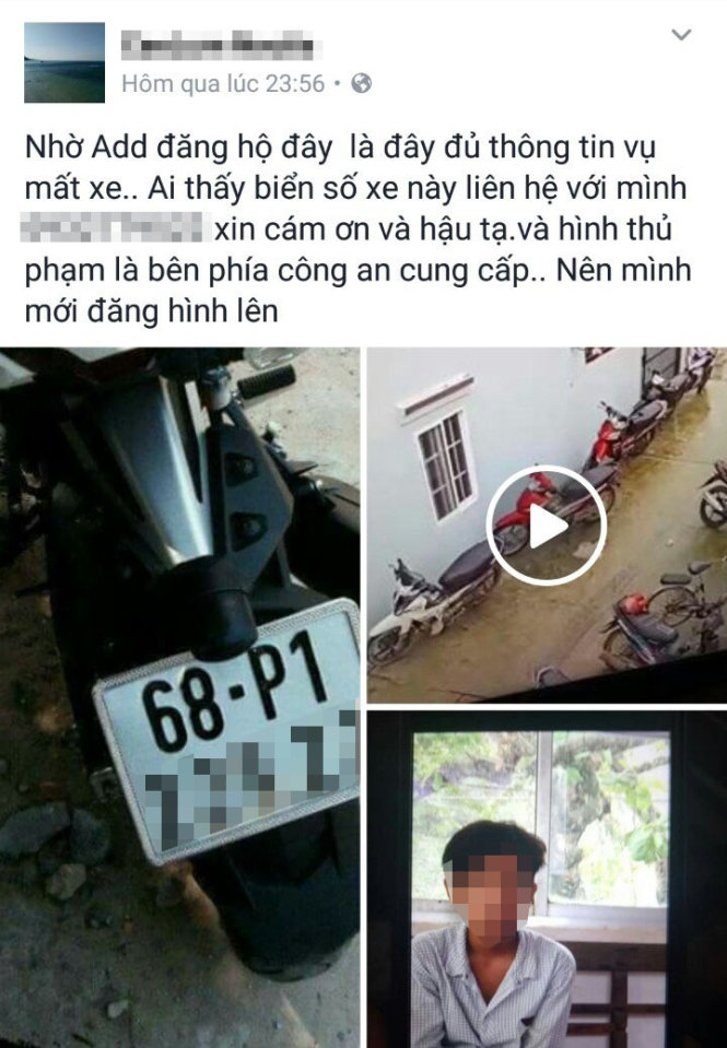 Ảnh chụp màn hình thông tin vụ trộm xe trên trang Facebook cộng đồng