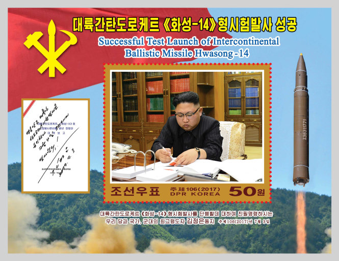Mẫu tem mới kỷ niệm thành công lần phóng thử ICBM Hwasong-14 của Triều Tiên - Ảnh: KCNA/Reuters