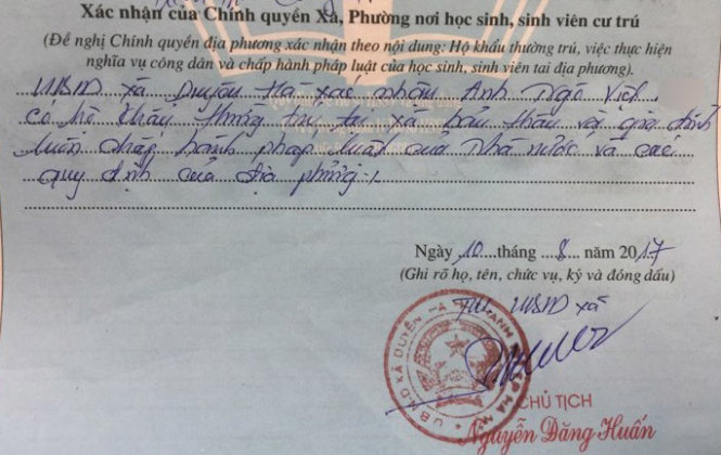 Nội dung xác nhận mới của UBND xã Duyên Hà trong sơ yếu lý lịch của em Ngô Việt Anh - ẢNH: Thành Chung