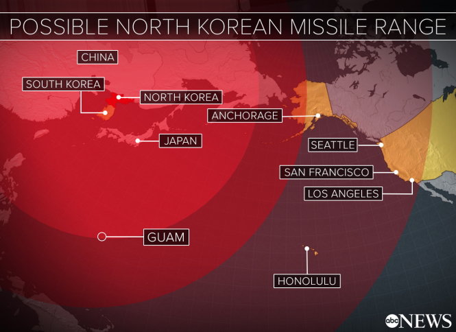 Bản đồ mô tả tầm bắn của tên lửa Triều Tiên, một số đủ khả năng vươn tới các thành phố lớn của Mỹ - Ảnh: Đài ABC