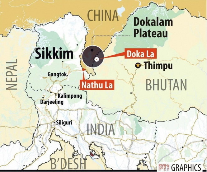 Bản đồ khu vực cao nguyên Doklam trên dãy Himalaya, nơi đang diễn ra thế giằng co giữa quân đội Ấn Độ và Trung Quốc - Ảnh đồ họa của hãng tin PTI (Ấn Độ)