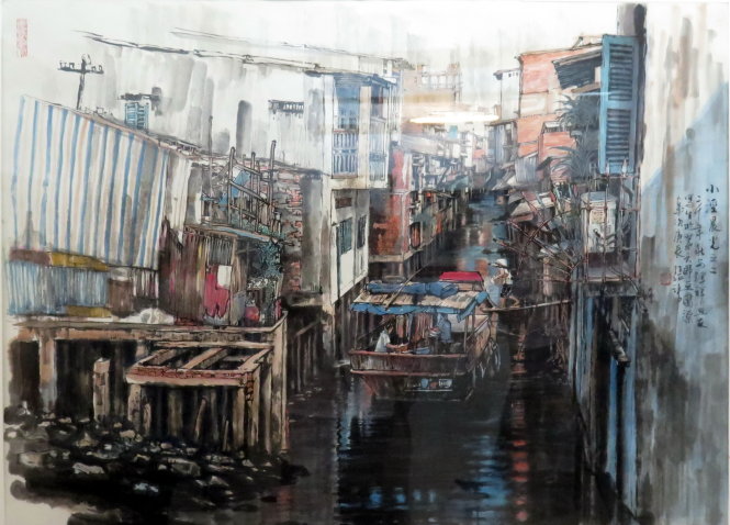 Bức tranh Sáng sớm trên kênh Tàu Hủ của họa sĩ Trương Lộ - Ảnh: L.ĐIỀN