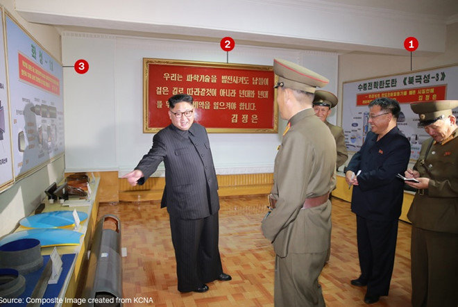 Tên lửa mới của Triều Tiên được tiết lộ qua bức ảnh công bố ngày 23-8. Trong ảnh: (1) Thông tin về tên lửa đạn đạo Pukguksong-3; (2) các chỉ thị của nhà lãnh đạo Kim Jong Un; (3) thông tin về một loại tên lửa đạn đạo khác có tên Hwasong-13 - Ảnh chụp màn hình CNN
