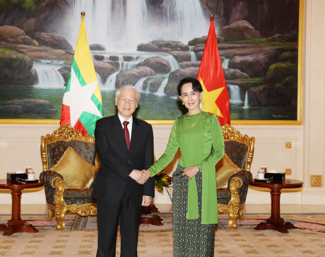 Tổng bí thư Nguyễn Phú Trọng và Cố vấn Nhà nước Myanmar Aung San Suu Kyi - Ảnh: TTXVN