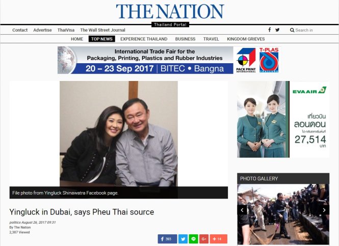 Tờ The Nation số ra ngày 26-8 đăng tải bài viết dẫn nguồn đảng Puea Thai nói rằng bà Yingluck đã sang Dubai và kèm theo đó là hình ảnh bà tươi cười cùng với anh trai Thaksin với giới thiệu lấy từ Facebook của bà Yingluck - Ảnh chụp màn hình