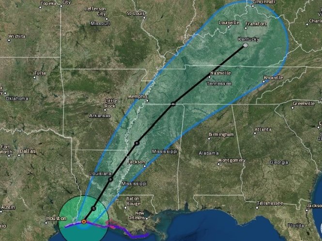 Đường di chuyển của bão Harvey sau khi đổ bộ lần 2 vào Louisiana - Ảnh: Cơ quan dự báo bão quốc gia Mỹ