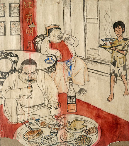 Tranh của họa sĩ Phan Thông: Vợ chồng địa chủ mâm cao cỗ đầy. Đầy tớ nông dân ăn mặc rách rưới. Màu nước trên giấy, khoảng 1953-1955 