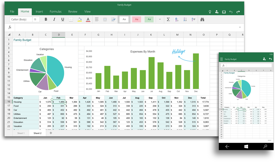 Ứng dụng Excel tối ưu với cảm ứng, cho phép tạo và hiệu chỉnh bảng tính, phân tích dữ liệu, biểu thị chúng với các biểu đồ. Những nút điều khiển thân thiện hơn với cảm ứng chạm, dễ chọn hàng loạt các ô, định dạng biểu đồ hay quản lý bảng tính hơn. Ảnh: Office blog