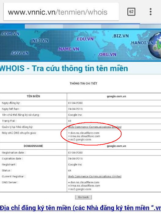 Phần thông tin NS record của tên miền Google.com.vn bị hacker thay đổi sang CloudFlare để điều hướng trang web trưa ngày 23-2. Ảnh chụp từ thông tin tra cứu từ website VNNIC trưa ngày 23-2 - Ảnh: Facebook Nguyễn Hồng Phúc