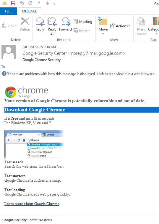 CTB-Locker gửi kèm qua một email giả dạng bản cập nhật trình duyệt Google Chrome - Ảnh minh họa: Techworm